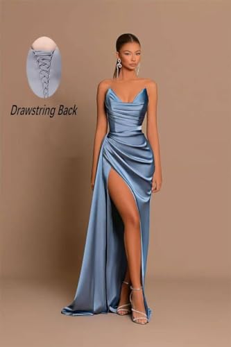 Strapless Mermaid Prom Dresses for Women Silk Satin Formal Evening Gowns with Slit V-Neck Pleated Party Dress3