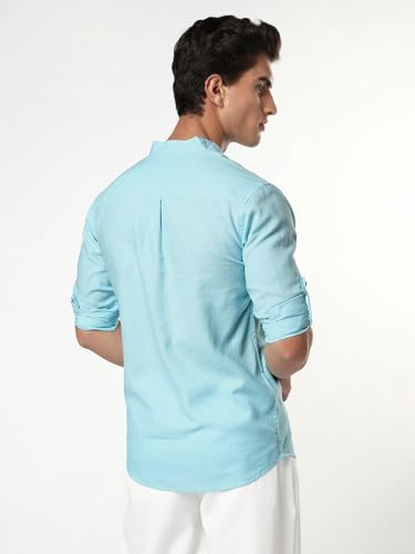 Image of Urbano Fashion Men's Linen Blend Full Sleeve Relaxed Fit Mandarin Collar Casual Solid Shirt