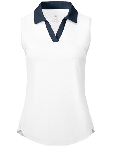 Bgowatu Women'S Sleeveless Golf Polo Shirts Collared V Neck Tennis Tops Dry Fit Upf 50+ Workout Tank Lightweight White + Navy M