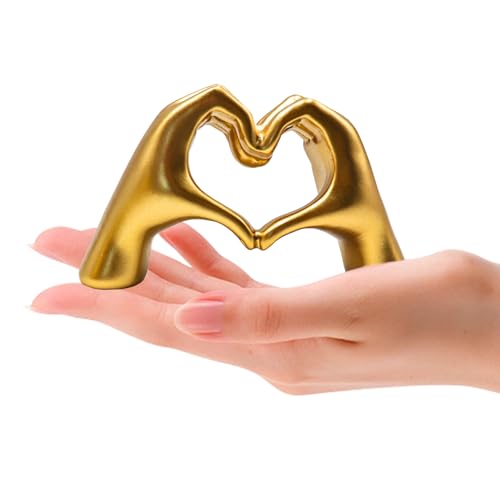 Small Gold Heart Hands Sculpture Decor, Resin Golden Modern Abstract Love Finger Statue, Gold Hand Model Decoration for Home Living Room Bedroom Bookshelf Shelves Wedding Office Desk Table 2.8″ H