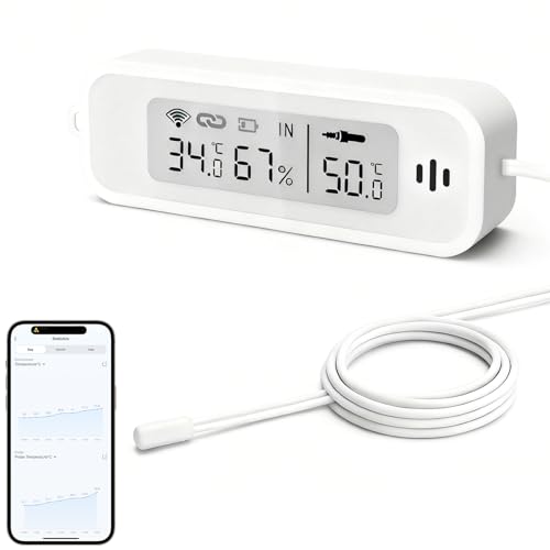WIOONI WLAN Kühlschrankthermometer, Digital Temperatur und Luftfeuchtigkeitsmesser mit App, LCD-Display, Tuya/Smart Life Kompatibel, für...