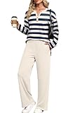 XIEERDUO 2 Piece Sets for Women Fall Outfits 2025 Travel Airport Outfits Loungewear Matching Sweatsuits V Neck Fashion Clothing Pajamas Stripes Navy S