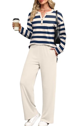 XIEERDUO 2 Piece Sets for Women Fall Outfits 2025 Travel Airport Outfits Loungewear Matching Sweatsuits V Neck Fashion Clothing Pajamas Stripes Navy S