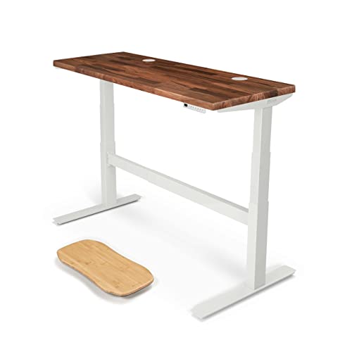 Image of UPLIFT DESK Walnut Butcher Block (60 x 24 inch) Standing Desk 2-Leg V2-Commercial Adjustable Stand Up C-Frame (White), Advanced Keypad, Wire Grommets, Wire Tray, Rocker Board