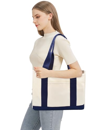 Image of TeeYee 16oz Canvas Tote Bag Casual Multi pockets Handbags Large Capacity Shopping Shoulder Bag with Pocket Bags Work Purses