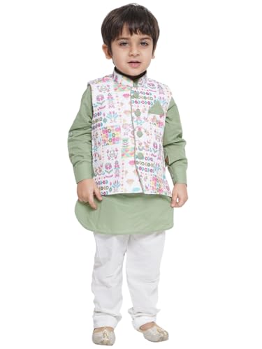 Image of AJ DEZINES Kids Cotton Full Sleeve Printed Kurta Pajama & Waistcoat Set for Boys - Ethnic wear | Special Occasion & Party Outfit | Mandarin Collar Waistcoat for boys - Regular Fit