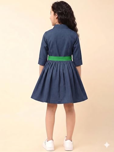 Image of A.T.U.N. (ALL THINGS UBER NICE) Girls 100% Cotton Shirt Dress with Belt | Button-Down Dress with Collar Neck | Soft Breathable Kids Outfit for Girls