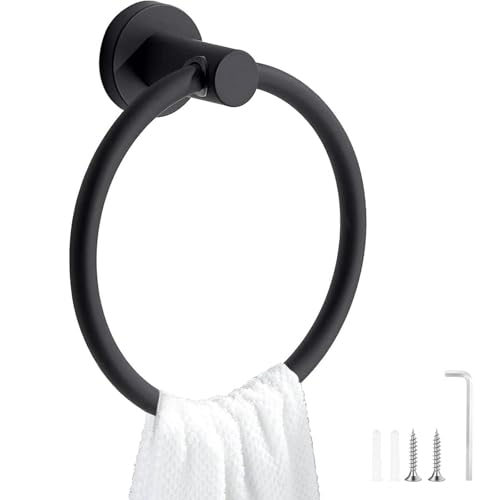 Xrten 1 Pezzi Porta Asciugamani ad Anello ad Gancio per Asciugamano, Rotondo Portasciugamani da Parete Nero,Adesivo Forte Anello Portasciugamani per Appendere Asciugamani, Teli da Bagno, ECC.