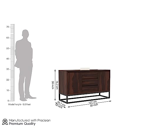 Image of Solid Sheesham Wood Wooden Sideboard Storage Cabinet : Ideal for Living Room and Bedroom with 3 Drawers and 2-Shelf Storage (Ray, Walnut Finish)