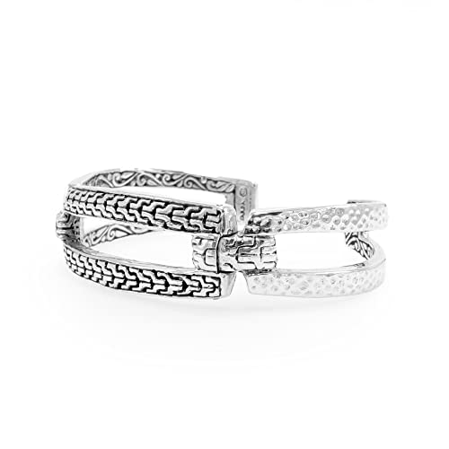 Sarda - .925 Sterling Silver Chain Link & Hammered Open Buckle Kickback Oval Cuff Bracelet - Handmade By Bali Artisans - Size 6-3/4" #TOP3