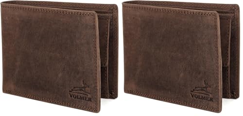 Fa.Volmer ® Leder Geldbörse Herren mit RFID-Schutz - extra-stabile Doppelnaht - 6 Fächer für Kreditkarten - Querformat (Hunter Brown) (Packung mit 2)