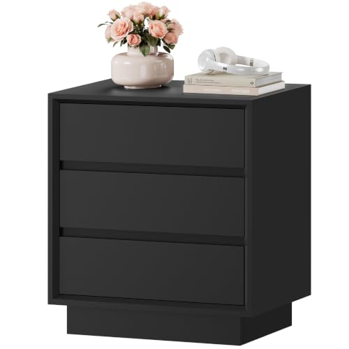 Image of TEENFON Night Stand with 3 Drawers, Nightstand Side Table with Cut-Out Handle, Bedside End Table for Bedroom, Black, 17.7″ L x 15.7″ W x 23.6″ H