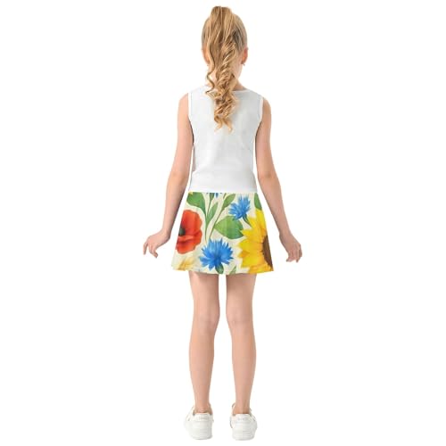 Kids Tennis Skirts Sunflowers Red Poppies Beige Girls Skorts Athletic Shorts Casual Flowy Skirt 4t4