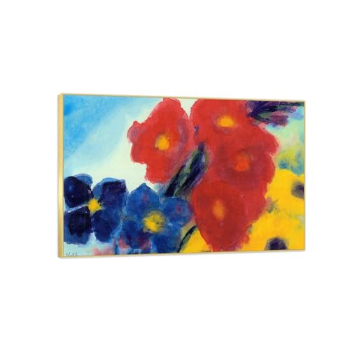 Tableau abstrait dahlias et clématites bleues 30x45cm avec cadre doré