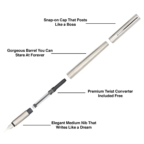Image of BUZZ COOL Stainless Steel Fountain Pen With Converter Pump | Slim Metal Body Fountain Pen with Fine Nib(0.5mm) | Zero Ink Leakage Smooth Writing pen