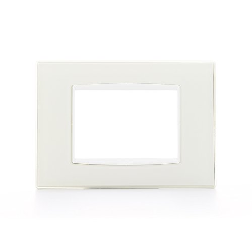 La placca EIKON BIANCA misura 120 mm di lunghezza, 85 mm di altezza e 10 mm di profondità, con un design classico e un colore Reflex ghiaccio, cornice bianca.