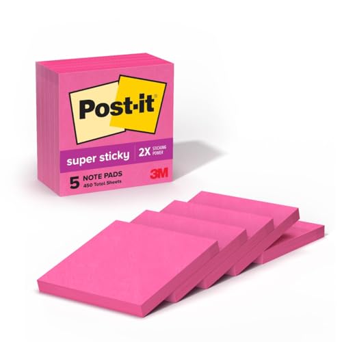 Post-it Super Sticky Notes, 3x3 in, 5 Pads, 90 Sheets/Pad, 450 Total Sheets, 2X The Sticking Power, Power Pink