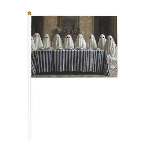 Nine Ghosts At The Long Rectangular Table Banderas pequeñas de mano, mini banderas en palo para fiestas, actividades de equipo, desfiles, decoración de vacaciones, paquete de 10