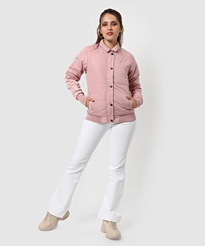 Image of PINACOLADA Women's Pink Puffer Regular Fit Bomber Jacket For Winter Wear | Standing Collar | Full Sleeve | Buttoned | Casual Jacket For Woman & Girl | Western Stylish Jacket For Women
