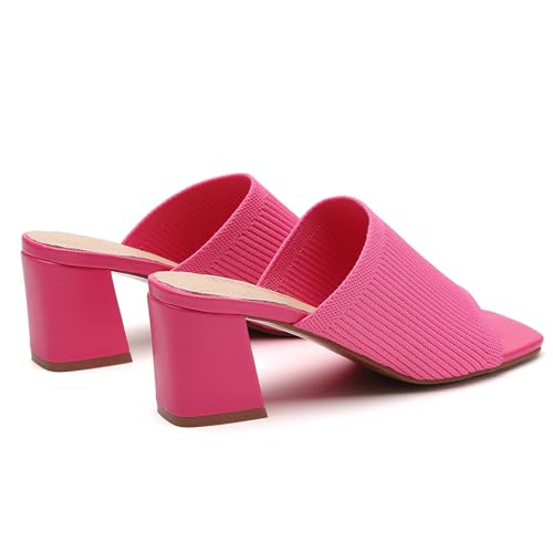 Image of Tilocow Knit Heeled Sandals for Women Square Open Toe Heeled Mules Chunky Block Low Heel Slip On Slides