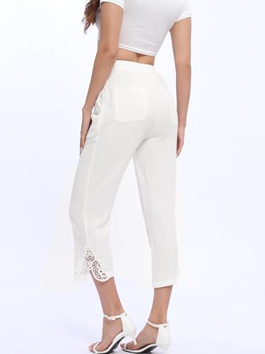 Women Casual Capri Pants with Lace Detail, Linen Blend Pants Cropped Trousers for Summer4