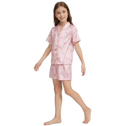 Girls Silk Satin Pyjamas Set Short Sleeve Button-Down Kids PJs Breathable Soft Nightwear Children Sleepwear Age 5-143