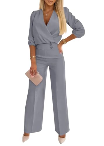 shownicer Hosenanzug Damen Elegant Business 2 Teiler Outfits Set Langarm Oberteile und Anzughosen Zweiteilig Büro Suit A Grau M