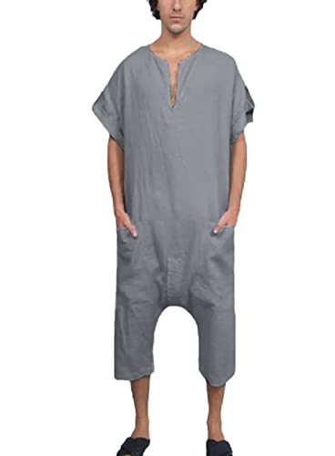 Mono De Lino Para Hombres Color Sólido Casual Suelto Medio Oriente Manga Corta Tops Mono De Una Pieza Con Bolsillo negro L