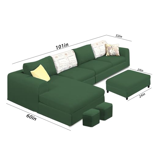 Image of Koza LHS 8 Seater L Shape Sofa Set with Center Table for Living Room (Green Fabric) Premium Fabric Sofa