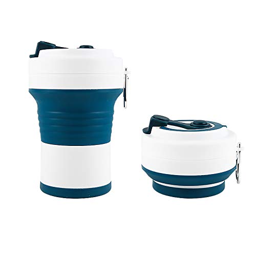 Taza de café plegable 527,3 oz/550 mil, reutilizable para llevar, tamaño grande, taza de viaje, color azul marino con pajita