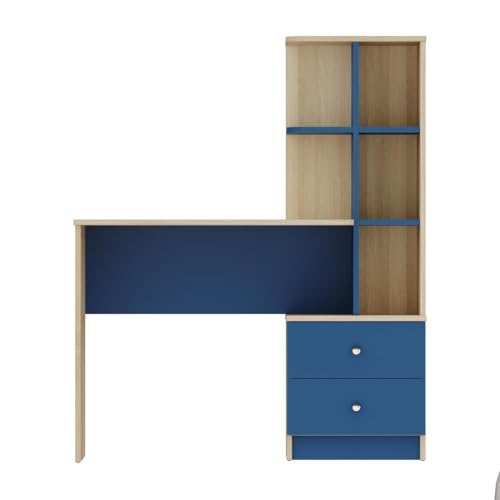 Wakefit Study Table for Kids | Kids Study Desk with Bookshelf & Storage Drawers | Sturdy Engineered Wood Writing Table | 1-Year Warranty | Paw - Moldau Acacia & Blue Finish | Compact & Space-Saving - Image 3