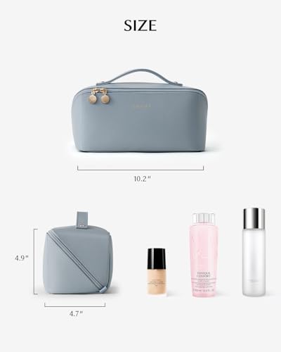 Image of EACHY Travel Makeup Bag, Large Capacity Cosmetic Bag for Women, Waterproof PU Leather, Flat Open Portable Toiletry Bag for Skincare, Brushes & Travel Essentials