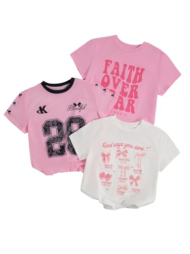 Image of RoseSeek Girl's Shirts 3 Packs Star Butterfly Graphic Tees Crew Neck Short Sleeve T Shirt Casual Tops