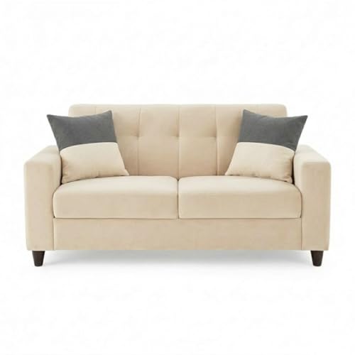 Image of SLEEPIFY Stolvon Velvet-Suede Fabric 3 Seater + 2 Seater Velvet Fabric Sofa Set (Cream) | Comfortable & Spacious Seating | Modern Sofa Set for Living Room