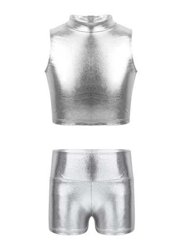 Kaerm Kids Girls Shiny Metallic Dance Gymnastics Workout Outfits Mock Neck Tank Top and High Waist Shorts Bottoms Set