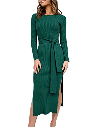 ANRABESS Womens Long Sleeve Sweater Dress Crew Neck Slim Fit Slit Tie Waist 2025 Ribbed Knit Bodycon Midi Dress Fall Outfits