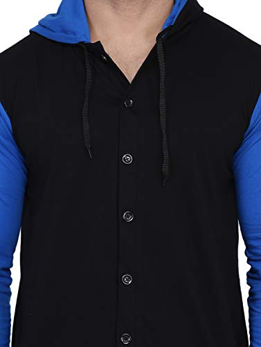 Image of Geum Men's Full Sleeve Hooded T-Shirt with Button-Down Front | Casual Slim Fit Cotton Shirt-Style Tee