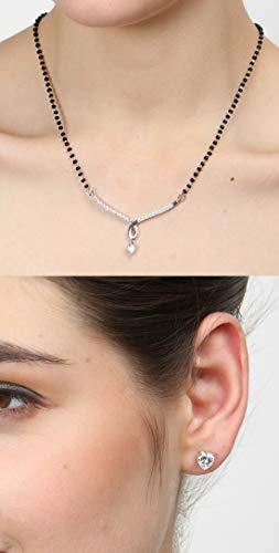Image of Clara 925 Sterling Silver Mila Mangalsutra Earring Chain Jewellery Set | Rhodium Plated | Swiss Zirconia | Gift for Wife