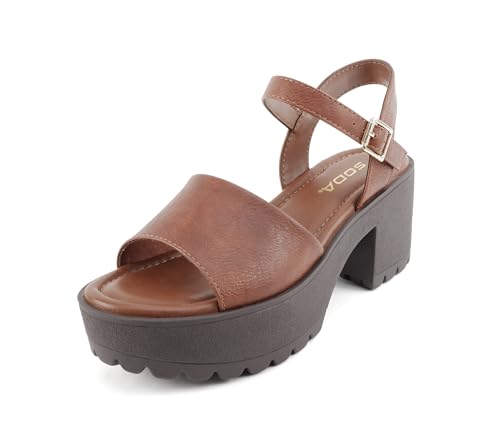 Image of Soda inchStacie inch ~ Women Open Toe Lug Sole Mid Block Heeled Sandals with Adjustable Ankle Strap