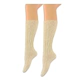 klassische Damen und Herren Trachtenstrümpfe Wanderstrümpfe Landhaus Kniestrümpfe mit edlem Strickmuster Zopfmuster – mit Leinen Anteil - (beige) - Oktoberfest Volksfest Hochzeit Dirndl Lederhosen