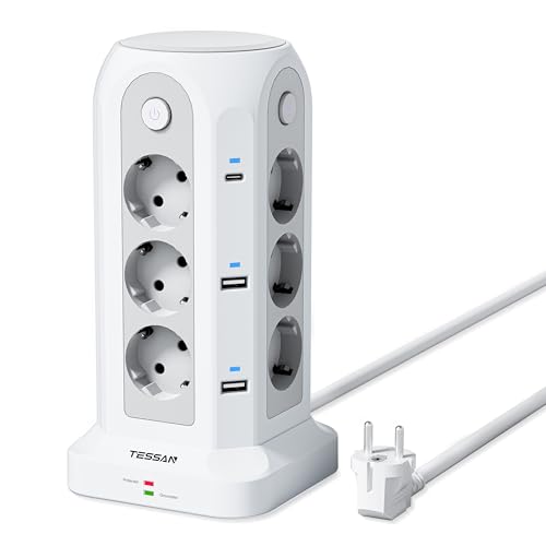 TESSAN 12 Fach Mehrfachsteckdose mit USB C, Steckdosenleiste mit 4 Einzelnen Schalter, Verlängerungskabel 2M Verteilersteckdose, Mehrfachsteckdose mit Überspannungsschutz, Steckdosenturm Weiß