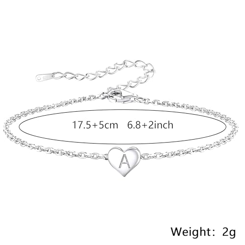bifriend Funny S925 Silver 26 Letter Initial A-Z Heart Pendant Bracelet Gift For Daughter Sisters Friends Mum Birthday Christmas Adjustable Jewellery (A)