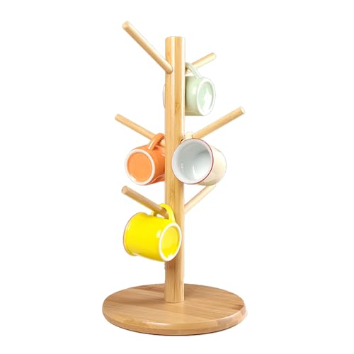 ADERTOS 6 Cup Mug Tree Wooden Mug Tree Stand Wood Mug Rack Bamboo Cup Holder Tree Coffee Cup Holder Storage Organizer Kitchen Storage Rack with Anti-Slip Weighted Base for Coffee Tea Mugs Cups