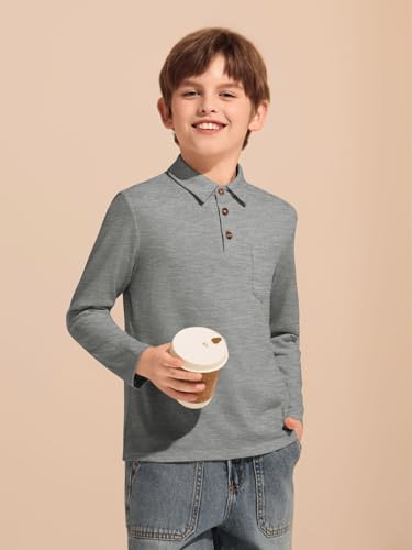 Image of Haloumoning Boys Long Sleeve Polo Shirts Kids Casual Button School Uniform Shirts with Chest Pocket 5-14 Years