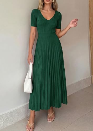 Image of PRETTYGARDEN Women's 2026 Spring Midi Sweater Dresses Elegant Pleated Ribbed Knit Short Sleeve V Neck A Line Summer Outfits