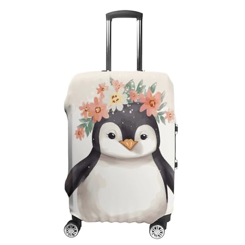 Penguin Wearing Flowers Elastic Luggage Cover Suitcase Protector for 19-32 Inch Suitcases | Universal Stretchable Travel Bag Cover | Anti-Scratch, Washable with Zipper Closure XL