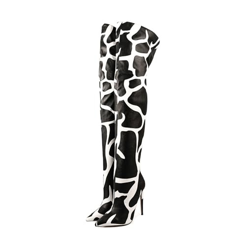 Image of Thigh high boots for women striped Back zipper Burgundy Zebra Print Over the knee Sexy gold white pointed toe Cow Print leopard Magenta stiletto heel