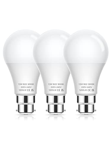 B22 Bayonet Light Bulbs 100W Equivalent, 13W LED Bulbs Bayonet Warm White 3000K, 1200lm BC A60 B22 Light Bulb Bayonet