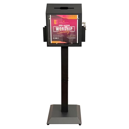 Powervize Floor Standing Offering Box with Stand Locking Suggestion Box Heavy-Duty Metal Donation Ballot & Feedback Box for Church Office Hospital Voting Fundraising & Comments Black