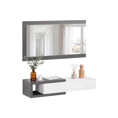 duehome | Recibidor con Cajón y Espejo, Mueble de Entrada, Modelo Derek, Acabado en Gris Grafito y Blanco Artik, Medidas: 95 cm (Ancho) x 19 cm (Alto) x 25,2 cm (Fondo)